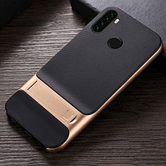 Funda Bumper Silicona y Plastico Mate Carcasa con Soporte R04 para Xiaomi Redmi Note 8 (2021) Oro