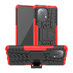 Funda Bumper Silicona y Plastico Mate Carcasa con Soporte R06 para Xiaomi Mi 11 Lite 4G Rojo