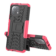 Funda Bumper Silicona y Plastico Mate Carcasa con Soporte R07 para Xiaomi Mi 11 Lite 5G NE Rosa Roja