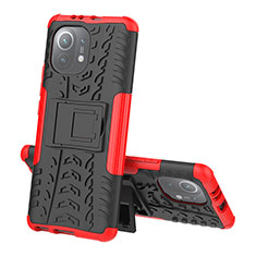 Funda Bumper Silicona y Plastico Mate Carcasa con Soporte R07 para Xiaomi Mi 11 Lite 5G Rojo