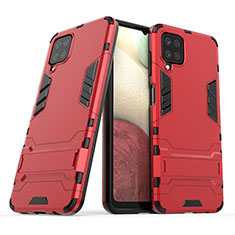 Funda Bumper Silicona y Plastico Mate Carcasa con Soporte T02 para Samsung Galaxy A12 Nacho Rojo