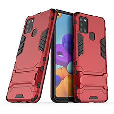 Funda Bumper Silicona y Plastico Mate Carcasa con Soporte T02 para Samsung Galaxy A21s Rojo