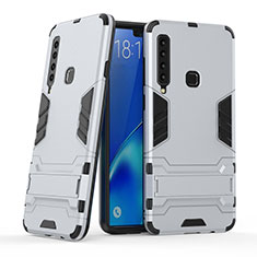 Funda Bumper Silicona y Plastico Mate Carcasa con Soporte T03 para Samsung Galaxy A9s Plata