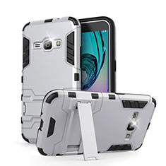 Funda Bumper Silicona y Plastico Mate con Soporte para Samsung Galaxy J1 (2016) J120F Blanco