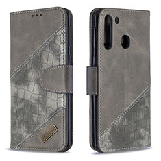 Funda de Cuero Cartera con Soporte Carcasa B03F para Samsung Galaxy A21 Gris Oscuro