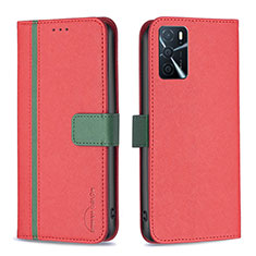 Funda de Cuero Cartera con Soporte Carcasa B13F para Oppo A16 Rojo