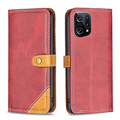 Funda de Cuero Cartera con Soporte Carcasa B14F para Oppo Find X5 5G Rojo