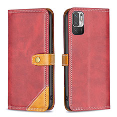 Funda de Cuero Cartera con Soporte Carcasa B14F para Xiaomi Redmi Note 10 5G Rojo