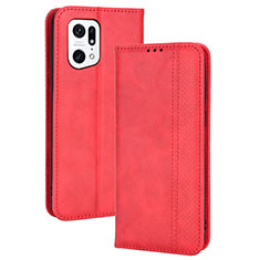 Funda de Cuero Cartera con Soporte Carcasa BY4 para Oppo Find X5 Pro 5G Rojo