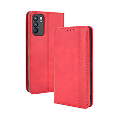 Funda de Cuero Cartera con Soporte Carcasa BY4 para Oppo Reno6 5G Rojo