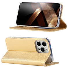 Funda de Cuero Cartera con Soporte Carcasa D02T para Apple iPhone 15 Pro Oro