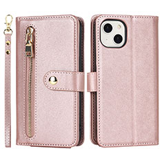 Funda de Cuero Cartera con Soporte Carcasa D06T para Apple iPhone 15 Plus Oro Rosa