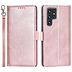 Funda de Cuero Cartera con Soporte Carcasa D09T para Samsung Galaxy S22 Ultra 5G Oro Rosa