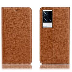 Funda de Cuero Cartera con Soporte Carcasa H02P para Vivo iQOO 8 5G Marron Claro