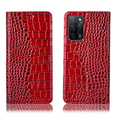 Funda de Cuero Cartera con Soporte Carcasa H08P para Oppo A55 5G Rojo