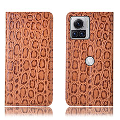 Funda de Cuero Cartera con Soporte Carcasa H18P para Motorola Moto Edge X30 Pro 5G Marron Claro