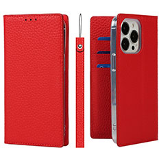 Funda de Cuero Cartera con Soporte Carcasa L09 para Apple iPhone 13 Pro Max Rojo