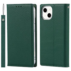 Funda de Cuero Cartera con Soporte Carcasa L09 para Apple iPhone 15 Verde