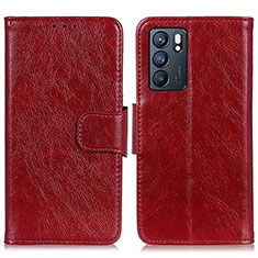 Funda de Cuero Cartera con Soporte Carcasa N05P para Oppo Reno6 5G Rojo