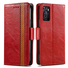 Funda de Cuero Cartera con Soporte Carcasa S02D para Oppo A55S 5G Rojo