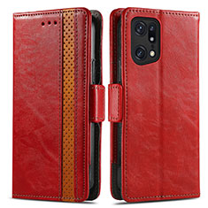 Funda de Cuero Cartera con Soporte Carcasa S02D para Oppo Find X5 5G Rojo