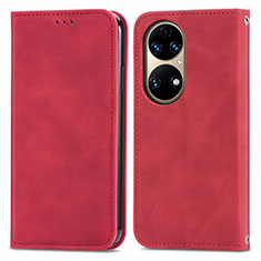 Funda de Cuero Cartera con Soporte Carcasa S04D para Huawei P50 Rojo