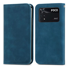 Funda de Cuero Cartera con Soporte Carcasa S04D para Xiaomi Poco M4 Pro 4G Azul