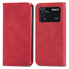 Funda de Cuero Cartera con Soporte Carcasa S04D para Xiaomi Poco M4 Pro 4G Rojo