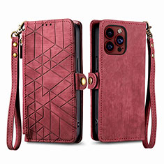 Funda de Cuero Cartera con Soporte Carcasa S05D para Apple iPhone 13 Pro Rojo