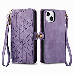 Funda de Cuero Cartera con Soporte Carcasa S05D para Apple iPhone 15 Plus Morado