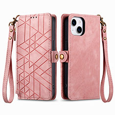 Funda de Cuero Cartera con Soporte Carcasa S05D para Apple iPhone 15 Plus Oro Rosa