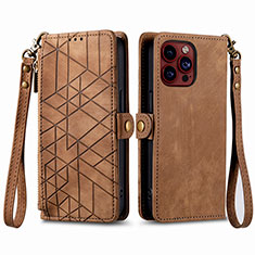 Funda de Cuero Cartera con Soporte Carcasa S05D para Apple iPhone 15 Pro Marron