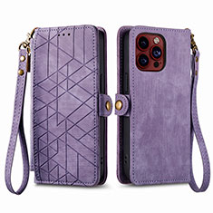 Funda de Cuero Cartera con Soporte Carcasa S05D para Apple iPhone 15 Pro Max Morado