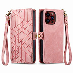 Funda de Cuero Cartera con Soporte Carcasa S05D para Apple iPhone 15 Pro Max Oro Rosa