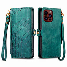 Funda de Cuero Cartera con Soporte Carcasa S05D para Apple iPhone 15 Pro Verde