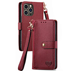 Funda de Cuero Cartera con Soporte Carcasa S07D para Apple iPhone 13 Pro Rojo