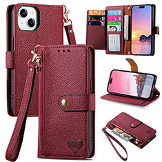 Funda de Cuero Cartera con Soporte Carcasa S07D para Apple iPhone 14 Rojo