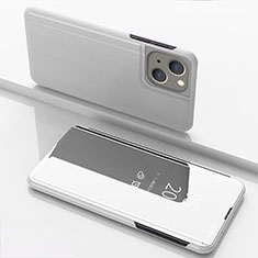 Funda de Cuero Cartera con Soporte Espejo Carcasa para Apple iPhone 15 Plata