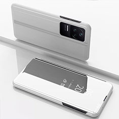 Funda de Cuero Cartera con Soporte Espejo Carcasa para Xiaomi Poco F4 5G Plata