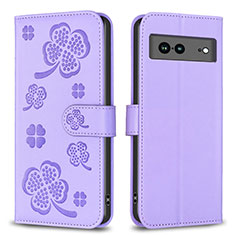 Funda de Cuero Cartera con Soporte Flores Carcasa BF1 para Google Pixel 7a 5G Morado