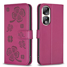 Funda de Cuero Cartera con Soporte Flores Carcasa BF1 para Huawei Honor 90 Pro 5G Rosa Roja