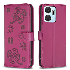 Funda de Cuero Cartera con Soporte Flores Carcasa BF1 para Huawei Honor X7a Rosa Roja