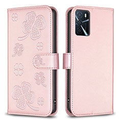 Funda de Cuero Cartera con Soporte Flores Carcasa BF1 para Oppo A16 Oro Rosa