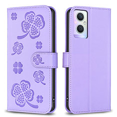 Funda de Cuero Cartera con Soporte Flores Carcasa BF1 para Oppo A96 5G Morado