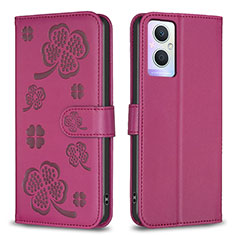 Funda de Cuero Cartera con Soporte Flores Carcasa BF1 para Oppo A96 5G Rosa Roja