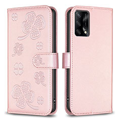 Funda de Cuero Cartera con Soporte Flores Carcasa BF1 para Oppo F19 Oro Rosa