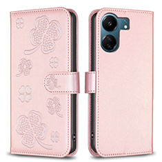 Funda de Cuero Cartera con Soporte Flores Carcasa BF1 para Xiaomi Redmi 13C Oro Rosa