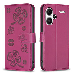 Funda de Cuero Cartera con Soporte Flores Carcasa BF1 para Xiaomi Redmi Note 13 Pro+ Plus 5G Rosa Roja