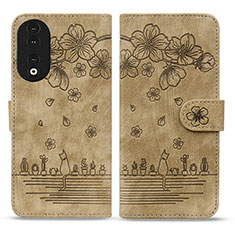 Funda de Cuero Cartera con Soporte Flores Carcasa HF1 para Huawei Honor 90 5G Marron