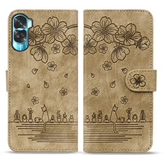 Funda de Cuero Cartera con Soporte Flores Carcasa HF2 para Huawei Honor 90 Lite 5G Marron